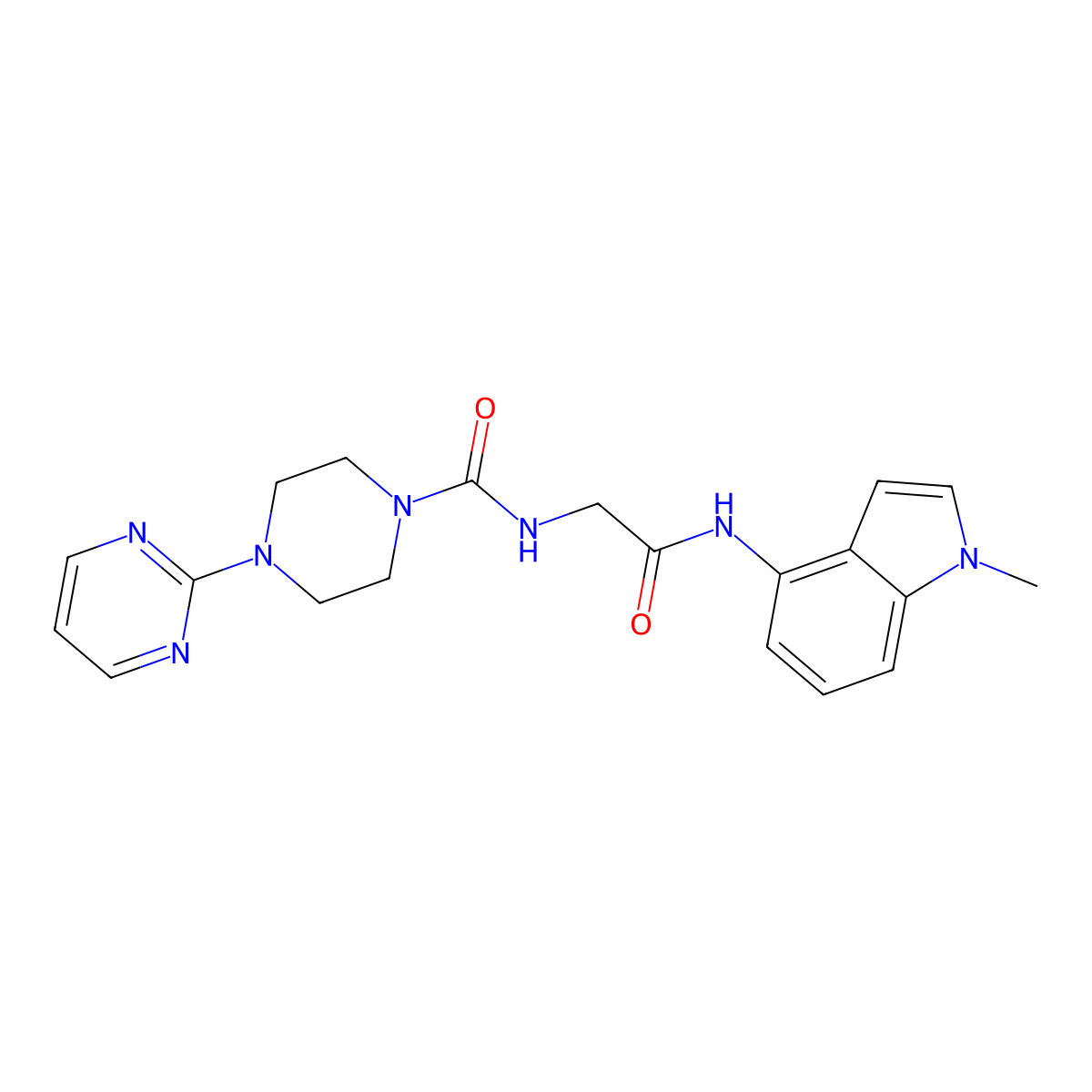 N-{2-[(1-methyl-1H-indol-4-yl)amino]-2-oxoethyl}-4-(pyrimidin-2-yl)piperazine-1-carboxamide molecular structure, CAS 1374531-36-8