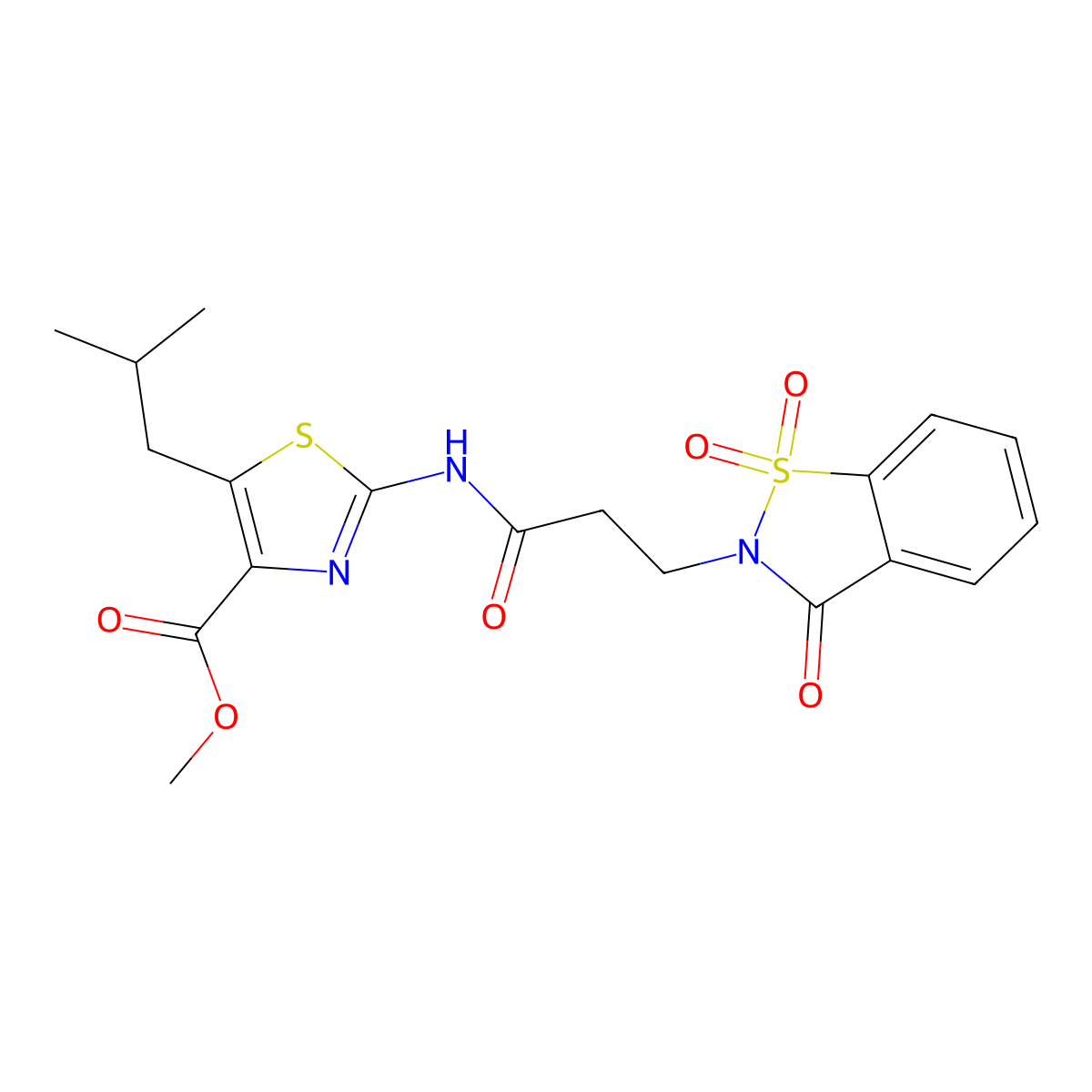 methyl 2-{[3-(1,1-dioxido-3-oxo-1,2-benzothiazol-2(3H)-yl)propanoyl]amino}-5-(2-methylpropyl)-1,3-thiazole-4-carboxylate molecular structure, CAS 1374531-84-6
