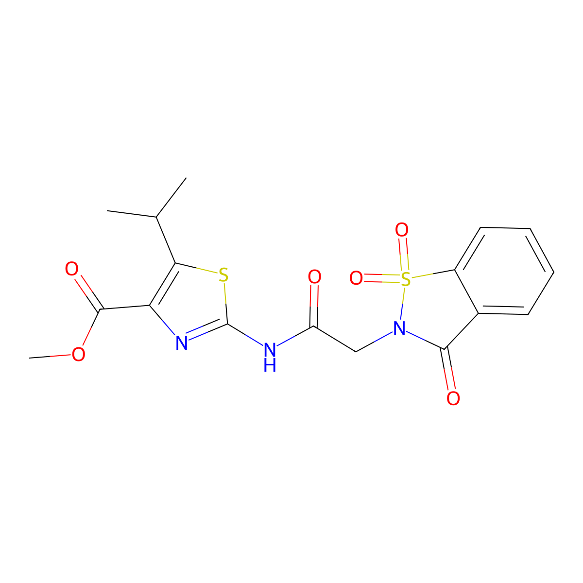 methyl 2-{[(1,1-dioxido-3-oxo-1,2-benzothiazol-2(3H)-yl)acetyl]amino}-5-(propan-2-yl)-1,3-thiazole-4-carboxylate molecular structure, CAS 1374532-33-8