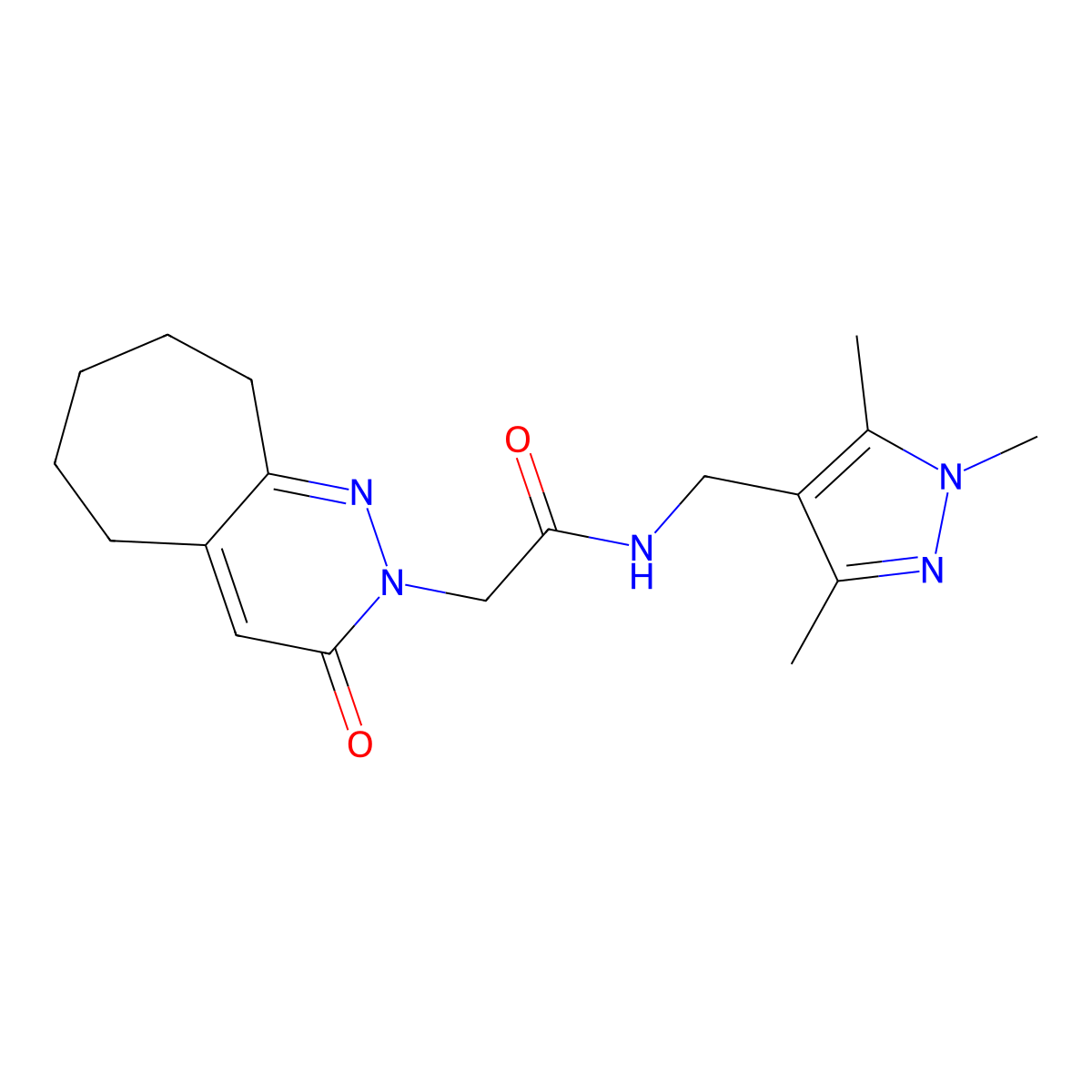 2-(3-oxo-3,5,6,7,8,9-hexahydro-2H-cyclohepta[c]pyridazin-2-yl)-N-[(1,3,5-trimethyl-1H-pyrazol-4-yl)methyl]acetamide molecular structure, CAS 1374532-38-3