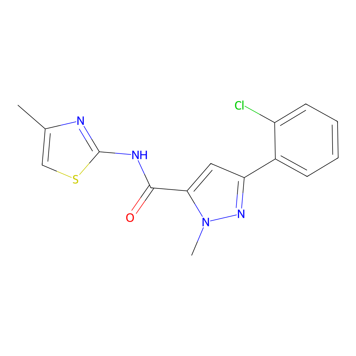 3-(2-chlorophenyl)-1-methyl-N-(4-methyl-1,3-thiazol-2-yl)-1H-pyrazole-5-carboxamide molecular structure, CAS 1374532-62-3