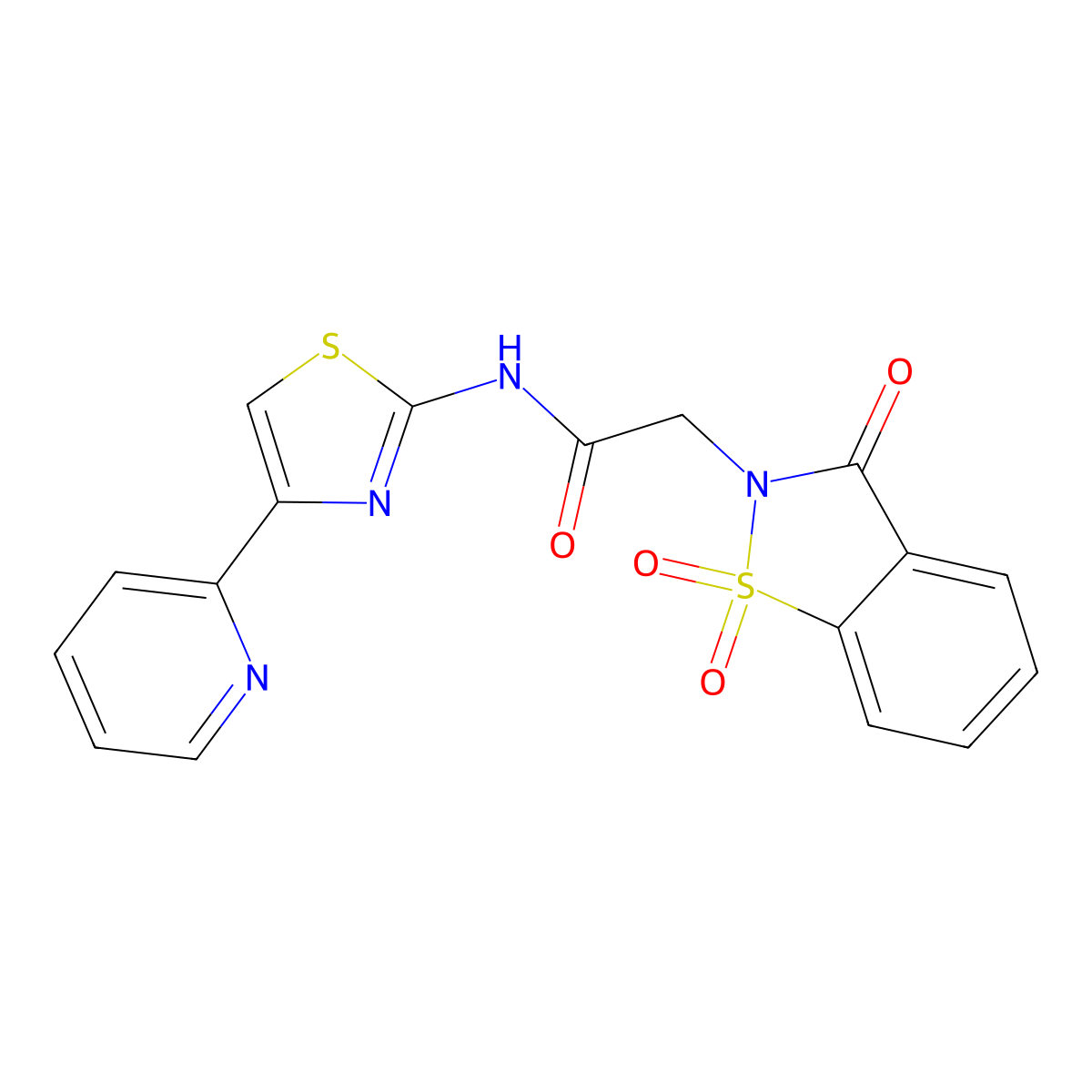 2-(1,1-dioxido-3-oxo-1,2-benzothiazol-2(3H)-yl)-N-[(2Z)-4-(pyridin-2-yl)-1,3-thiazol-2(3H)-ylidene]acetamide molecular structure, CAS 1374533-08-0