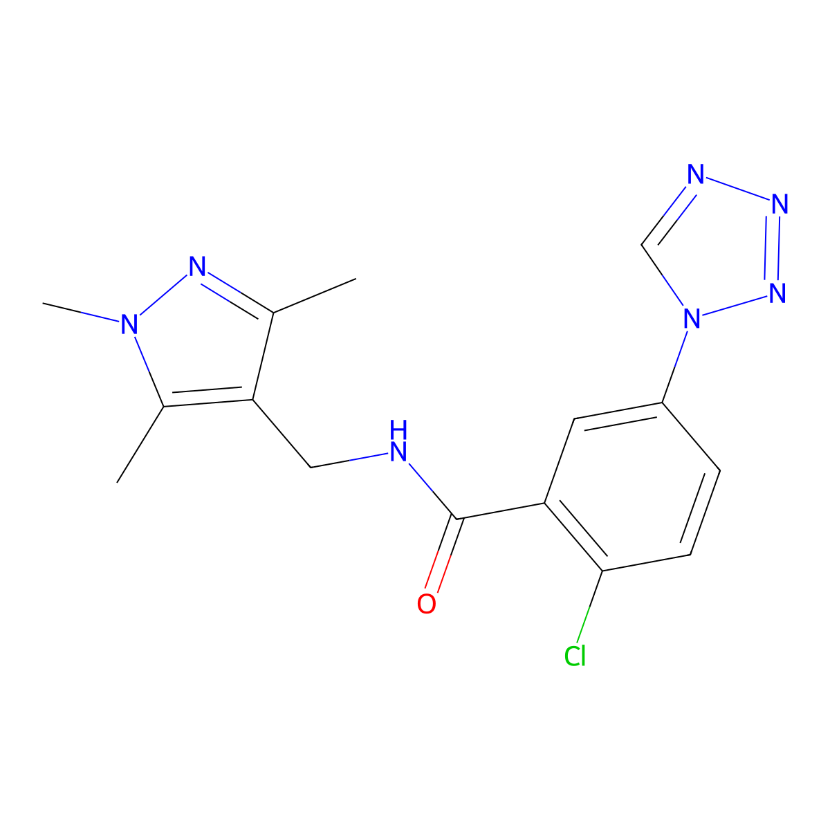 2-chloro-5-(1H-1,2,3,4-tetraazol-1-yl)-N-[(1,3,5-trimethyl-1H-pyrazol-4-yl)methyl]benzamide molecular structure, CAS 1374533-42-2