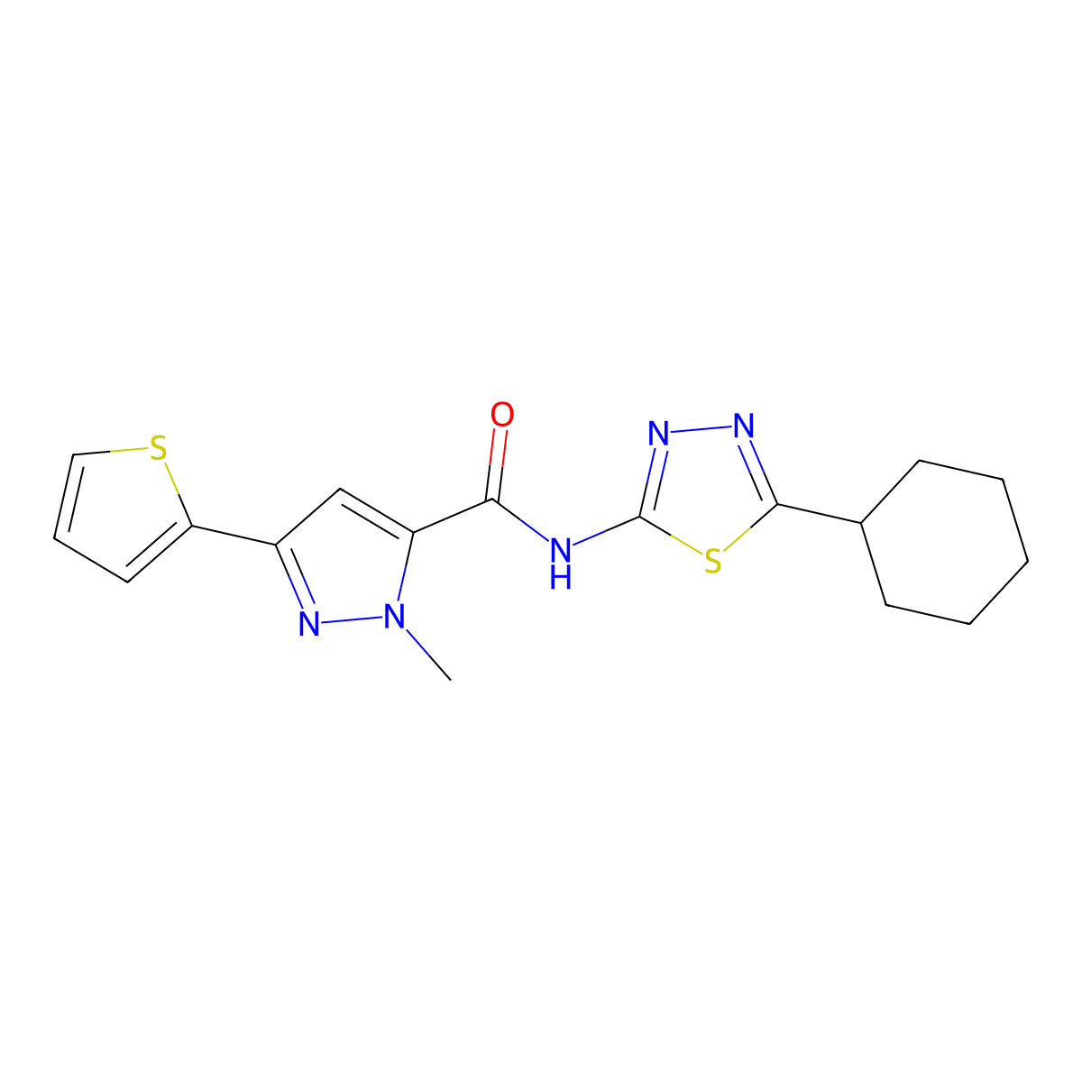 N-(5-cyclohexyl-1,3,4-thiadiazol-2-yl)-1-methyl-3-(thiophen-2-yl)-1H-pyrazole-5-carboxamide molecular structure, CAS 1374533-87-5