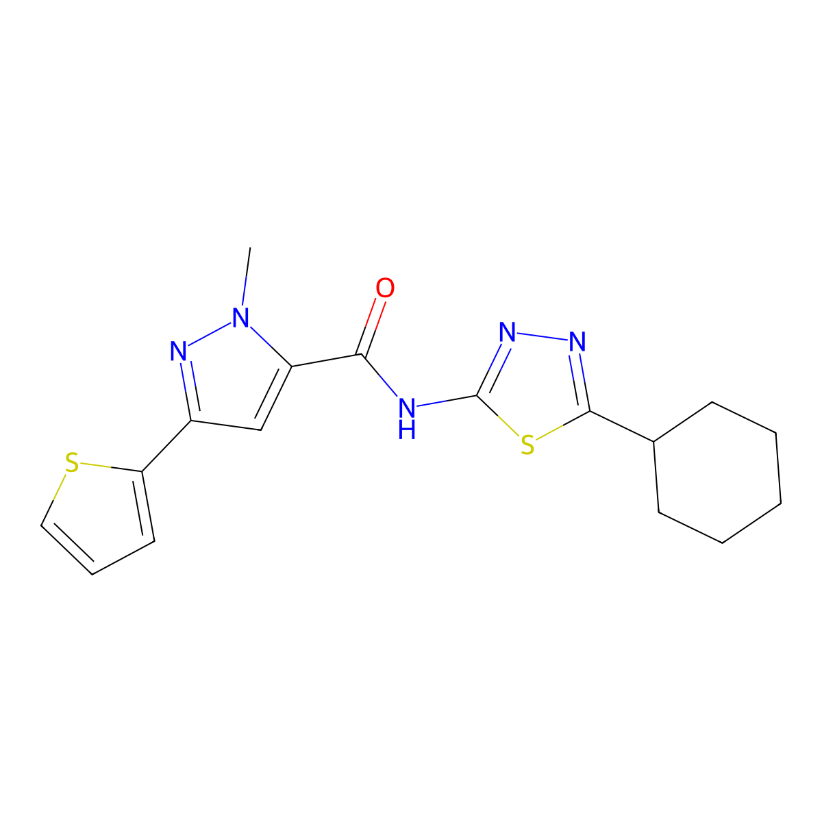 N-(5-cyclohexyl-1,3,4-thiadiazol-2-yl)-1-methyl-3-(thiophen-2-yl)-1H-pyrazole-5-carboxamide molecular structure, CAS 1374533-87-5