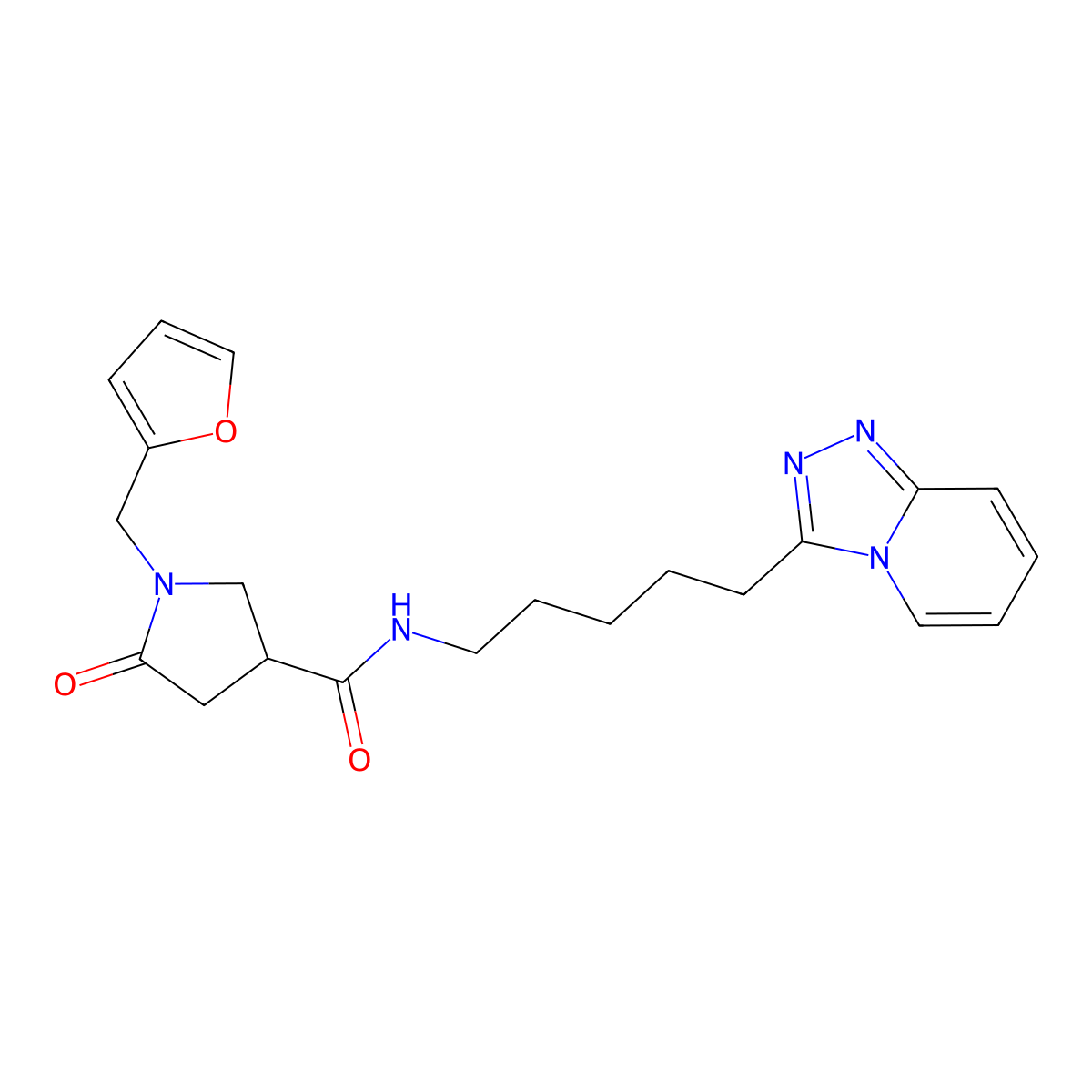 1-(furan-2-ylmethyl)-5-oxo-N-[5-([1,2,4]triazolo[4,3-a]pyridin-3-yl)pentyl]pyrrolidine-3-carboxamide molecular structure, CAS 1374534-08-3