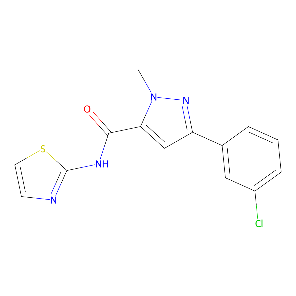 3-(3-chlorophenyl)-1-methyl-N-(1,3-thiazol-2-yl)-1H-pyrazole-5-carboxamide molecular structure, CAS 1374534-33-4