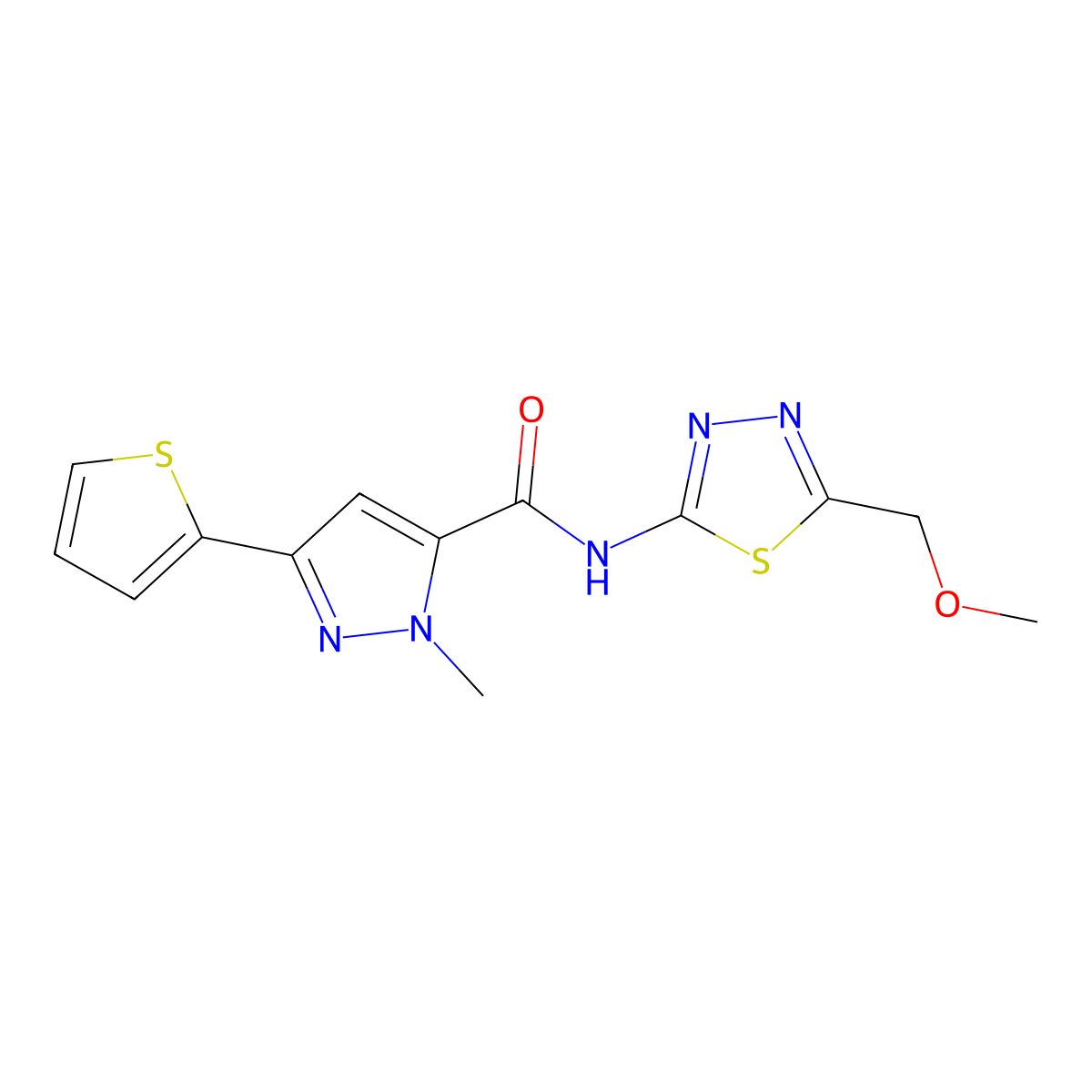N-[5-(methoxymethyl)-1,3,4-thiadiazol-2-yl]-1-methyl-3-(thiophen-2-yl)-1H-pyrazole-5-carboxamide molecular structure, CAS 1374535-04-2
