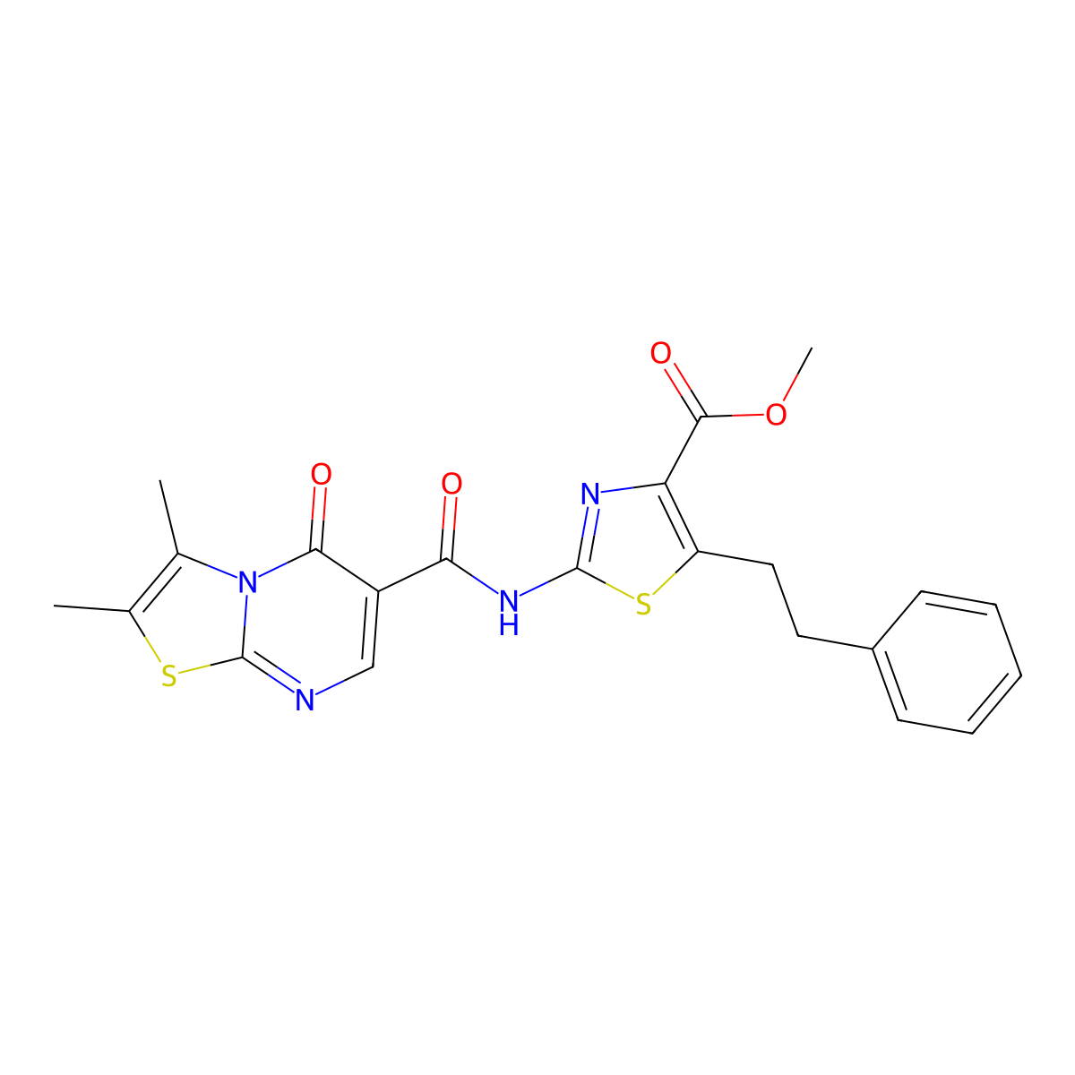 methyl 2-{[(2,3-dimethyl-5-oxo-5H-[1,3]thiazolo[3,2-a]pyrimidin-6-yl)carbonyl]amino}-5-(2-phenylethyl)-1,3-thiazole-4-carboxylate molecular structure, CAS 1374535-08-6