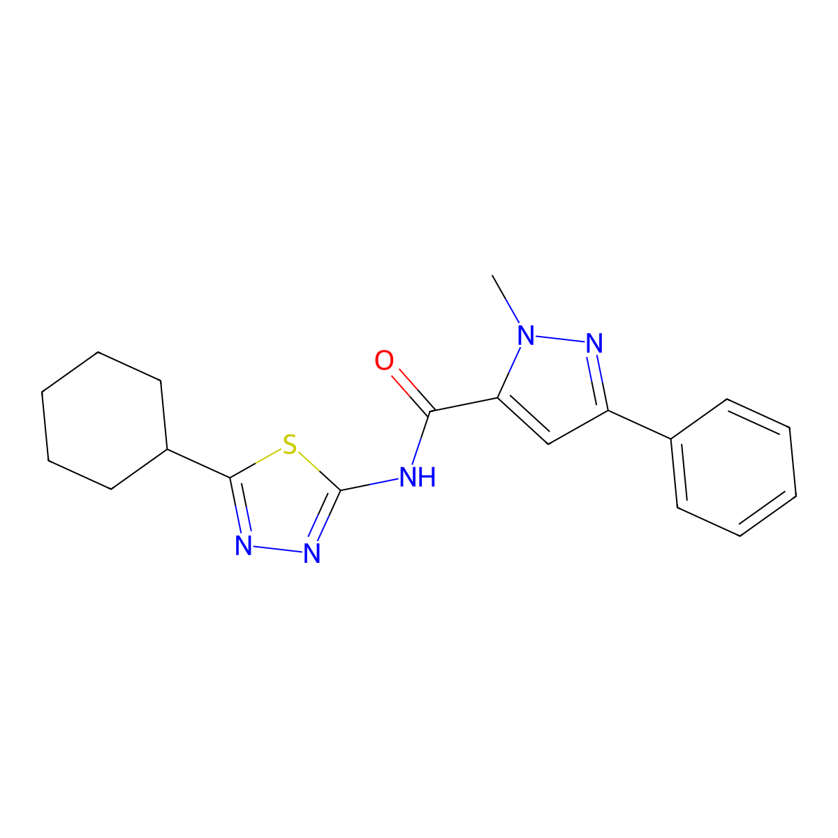 N-(5-cyclohexyl-1,3,4-thiadiazol-2-yl)-1-methyl-3-phenyl-1H-pyrazole-5-carboxamide molecular structure, CAS 1374535-49-5