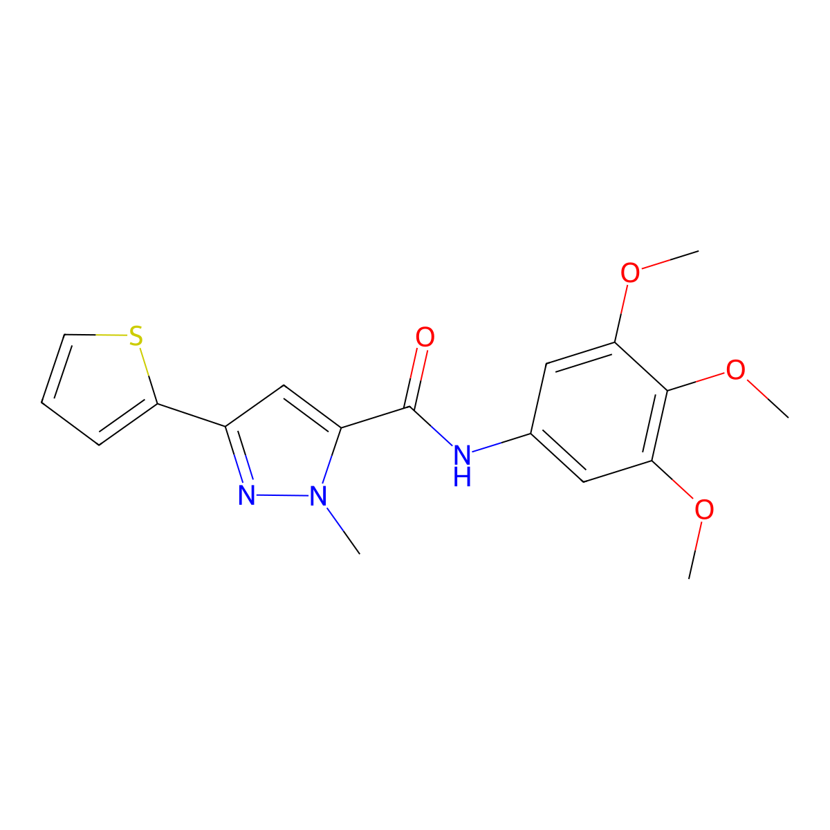 1-methyl-3-(thiophen-2-yl)-N-(3,4,5-trimethoxyphenyl)-1H-pyrazole-5-carboxamide molecular structure, CAS 1374535-86-0