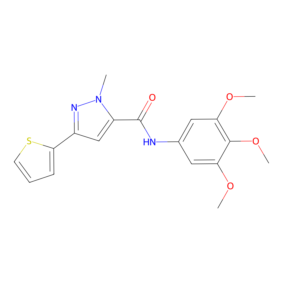 1-methyl-3-(thiophen-2-yl)-N-(3,4,5-trimethoxyphenyl)-1H-pyrazole-5-carboxamide molecular structure, CAS 1374535-86-0