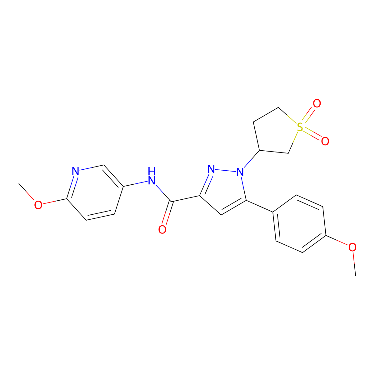1-(1,1-dioxidotetrahydrothiophen-3-yl)-5-(4-methoxyphenyl)-N-(6-methoxypyridin-3-yl)-1H-pyrazole-3-carboxamide molecular structure, CAS 1374536-35-2