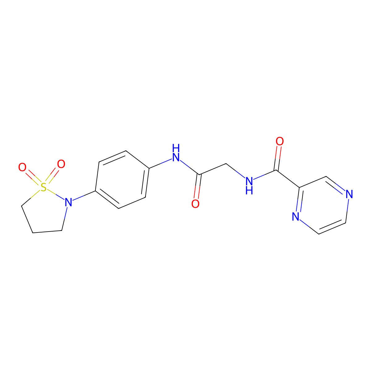 N-(2-{[4-(1,1-dioxido-1,2-thiazolidin-2-yl)phenyl]amino}-2-oxoethyl)pyrazine-2-carboxamide molecular structure, CAS 1374536-36-3