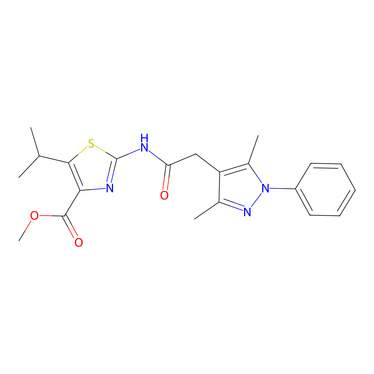 methyl 2-{[(3,5-dimethyl-1-phenyl-1H-pyrazol-4-yl)acetyl]amino}-5-(propan-2-yl)-1,3-thiazole-4-carboxylate molecular structure, CAS 1374536-44-3