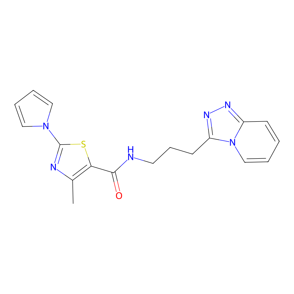 4-methyl-2-(1H-pyrrol-1-yl)-N-[3-([1,2,4]triazolo[4,3-a]pyridin-3-yl)propyl]-1,3-thiazole-5-carboxamide molecular structure, CAS 1374536-87-4