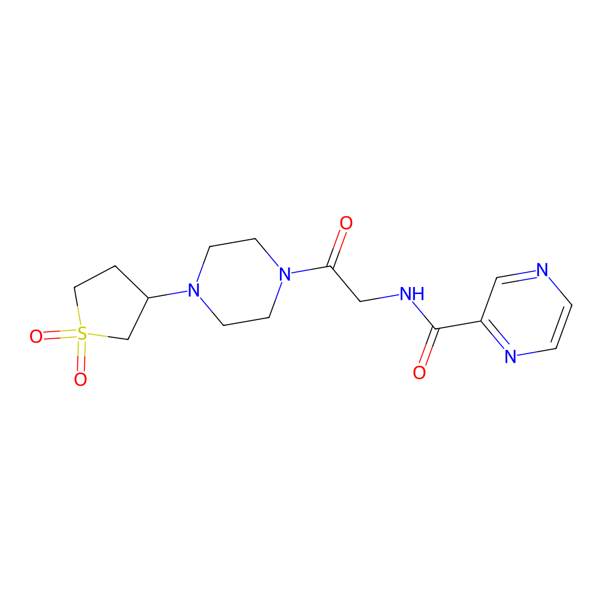 N-{2-[4-(1,1-dioxidotetrahydrothiophen-3-yl)piperazin-1-yl]-2-oxoethyl}pyrazine-2-carboxamide molecular structure, CAS 1374537-33-3