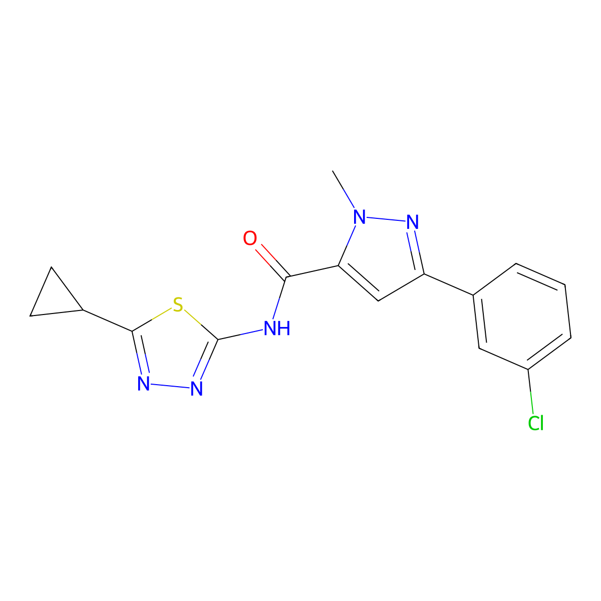 3-(3-chlorophenyl)-N-(5-cyclopropyl-1,3,4-thiadiazol-2-yl)-1-methyl-1H-pyrazole-5-carboxamide molecular structure, CAS 1374537-43-5