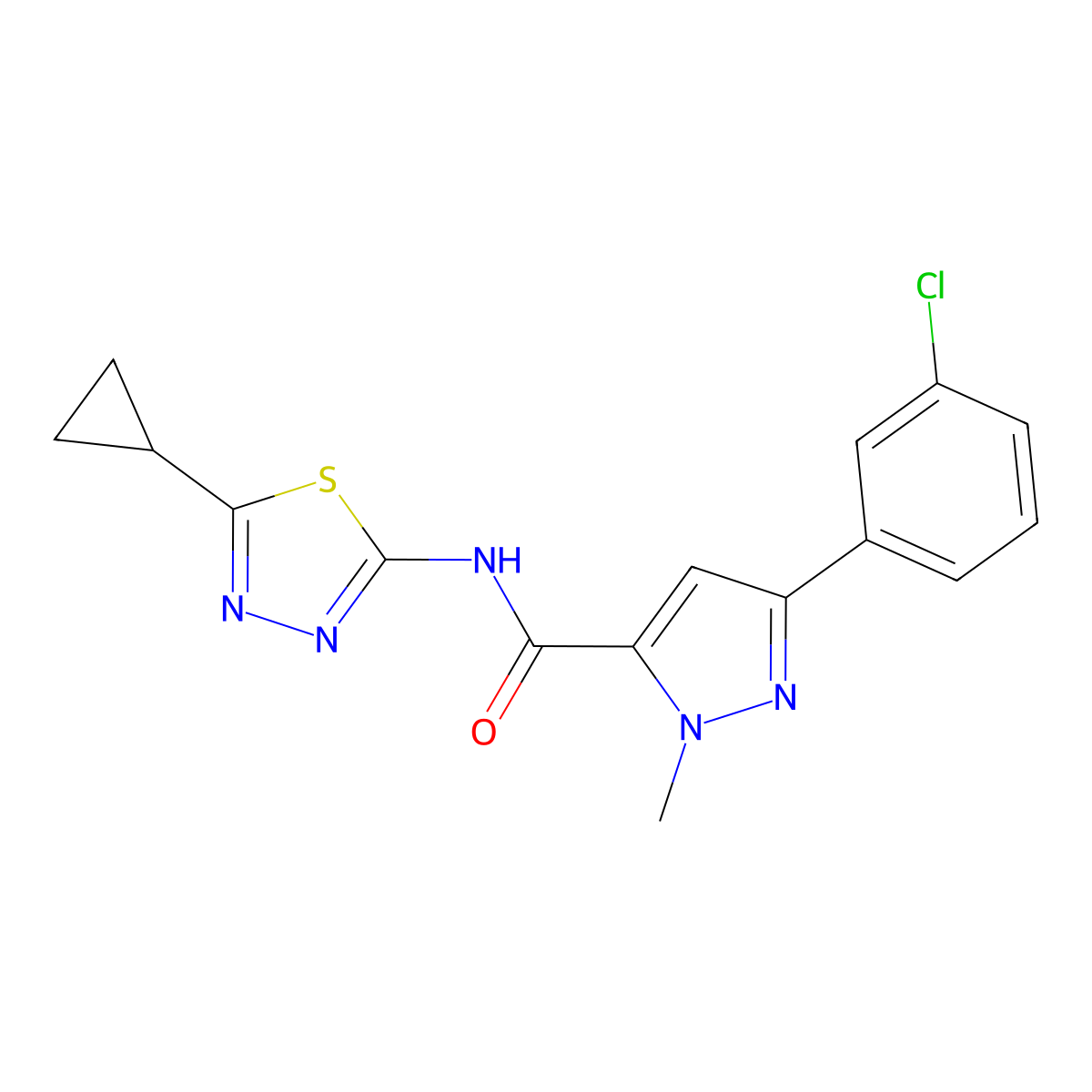 3-(3-chlorophenyl)-N-(5-cyclopropyl-1,3,4-thiadiazol-2-yl)-1-methyl-1H-pyrazole-5-carboxamide molecular structure, CAS 1374537-43-5