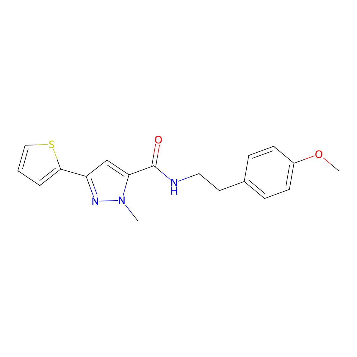 N-(4-methoxyphenethyl)-1-methyl-3-(2-thienyl)-1H-pyrazole-5-carboxamide molecular structure, CAS 1374537-60-6