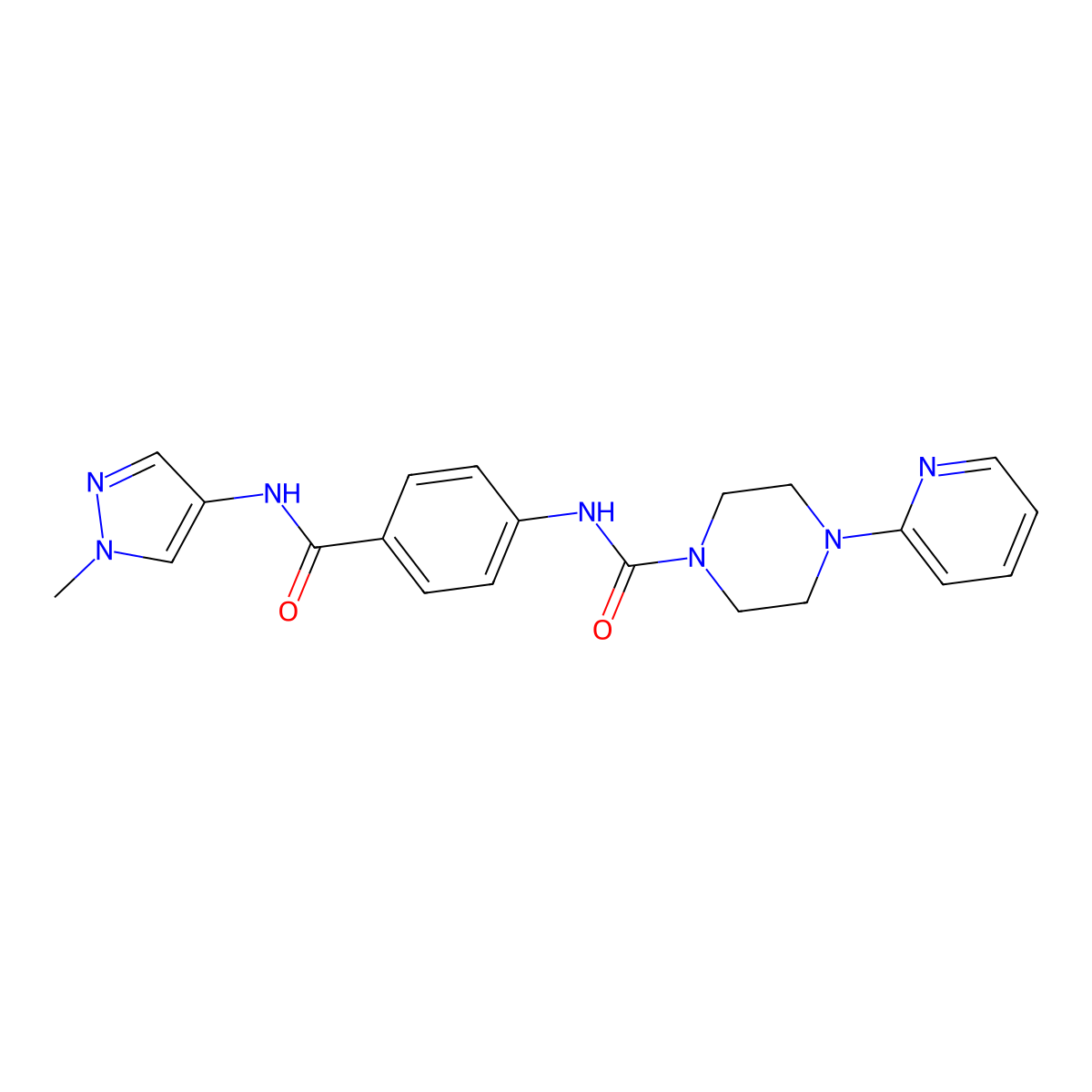 N-{4-[(1-methyl-1H-pyrazol-4-yl)carbamoyl]phenyl}-4-(pyridin-2-yl)piperazine-1-carboxamide molecular structure, CAS 1374538-14-3
