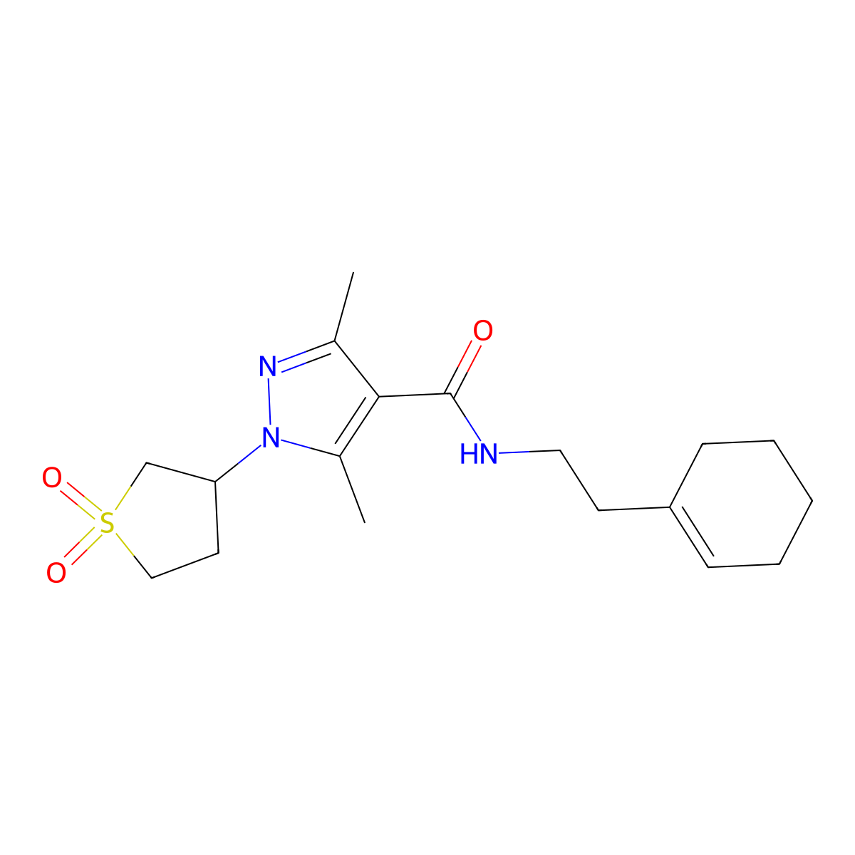 N-[2-(cyclohex-1-en-1-yl)ethyl]-1-(1,1-dioxidotetrahydrothiophen-3-yl)-3,5-dimethyl-1H-pyrazole-4-carboxamide molecular structure, CAS 1374538-67-6