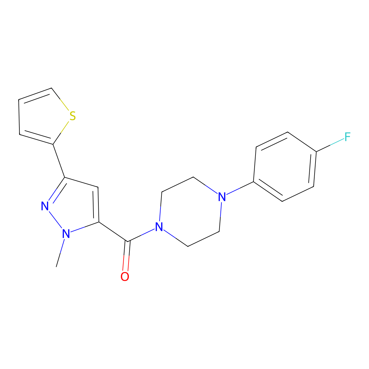[4-(4-fluorophenyl)piperazino][1-methyl-3-(2-thienyl)-1H-pyrazol-5-yl]methanone molecular structure, CAS 1374539-74-8