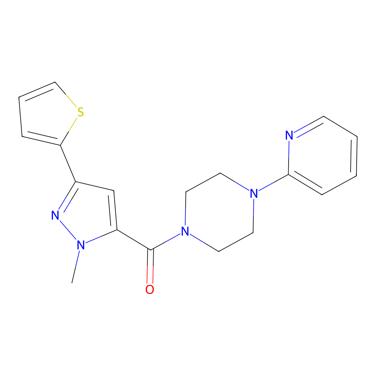 [1-methyl-3-(2-thienyl)-1H-pyrazol-5-yl][4-(2-pyridyl)piperazino]methanone molecular structure, CAS 1374539-78-2