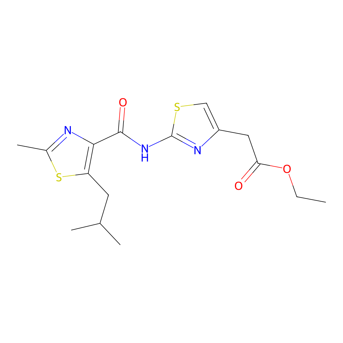 Ethyl [2-({[2-methyl-5-(2-methylpropyl)-1,3-thiazol-4-yl]carbonyl}amino)-1,3-thiazol-4-yl]acetate molecular structure, CAS 1374540-58-5