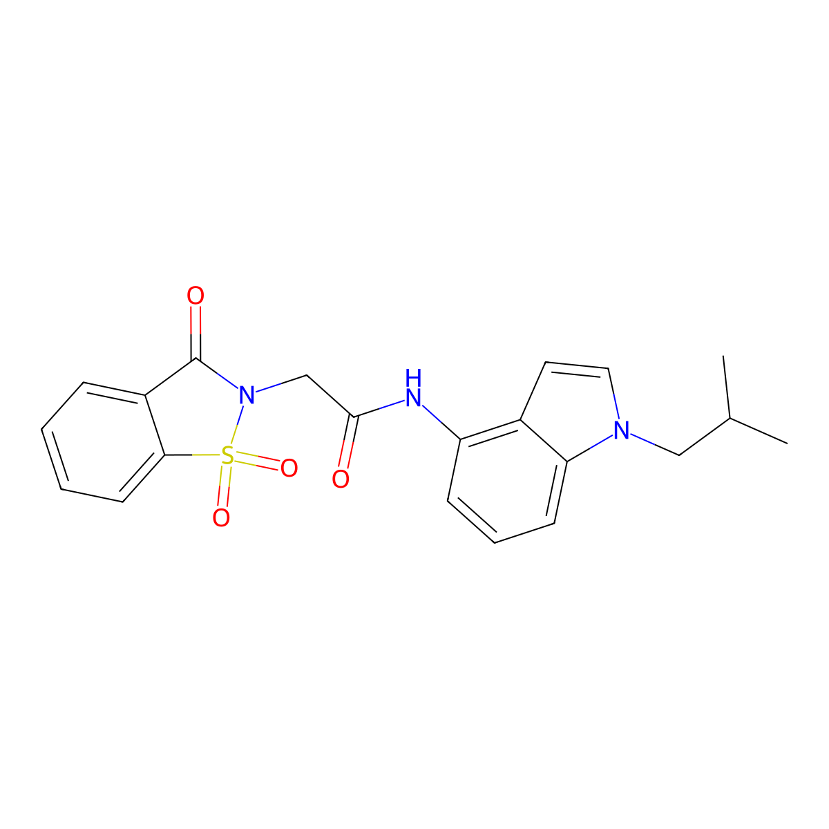2-(1,1-dioxido-3-oxo-1,2-benzothiazol-2(3H)-yl)-N-[1-(2-methylpropyl)-1H-indol-4-yl]acetamide molecular structure, CAS 1374540-68-7