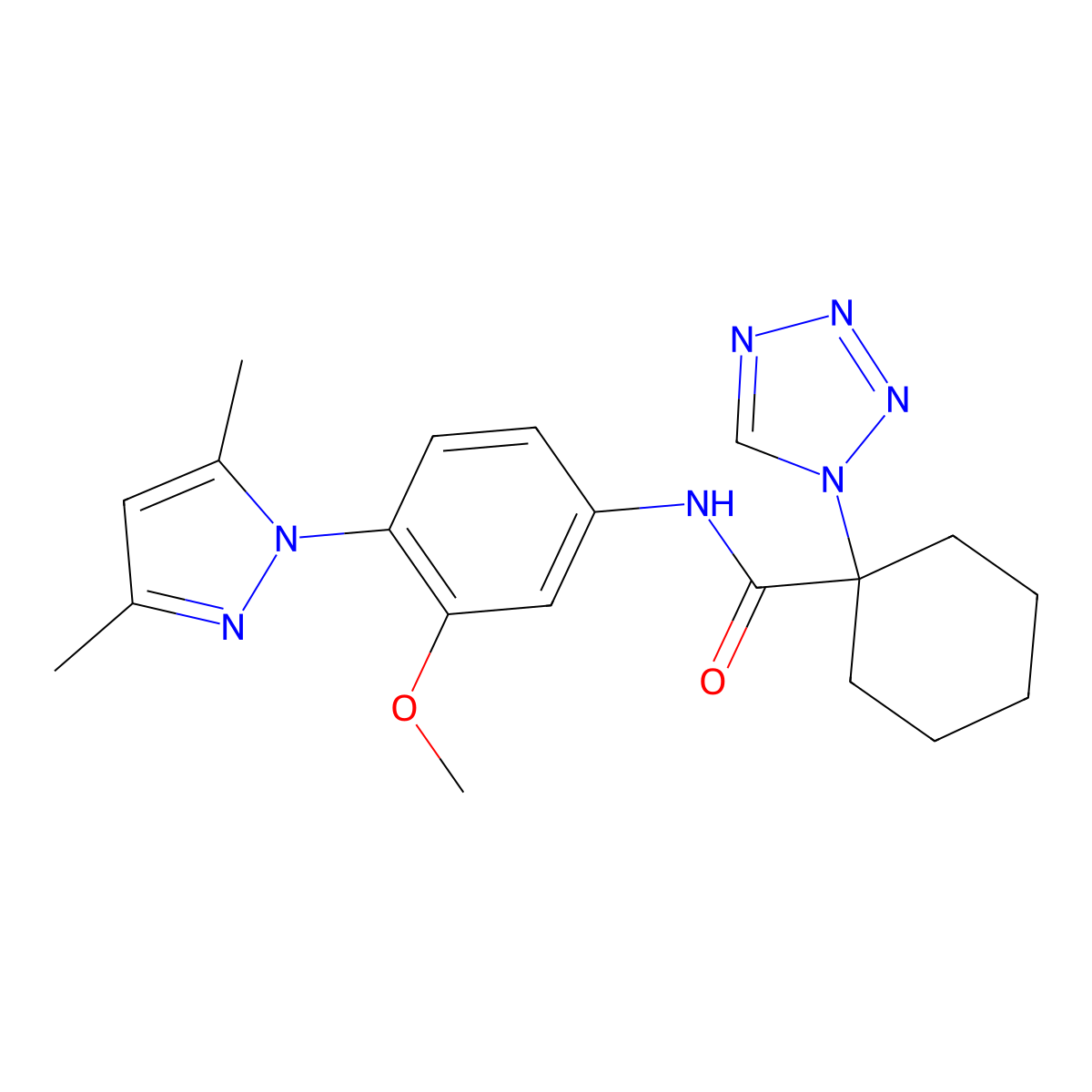 N-[4-(3,5-dimethyl-1H-pyrazol-1-yl)-3-methoxyphenyl]-1-(1H-tetrazol-1-yl)cyclohexanecarboxamide molecular structure, CAS 1374540-88-1