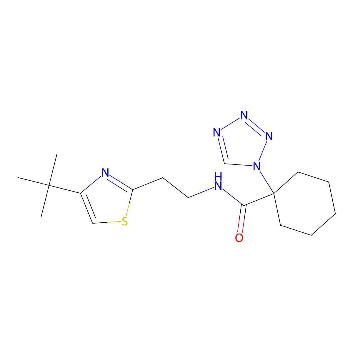N-{2-[4-(tert-butyl)-1,3-thiazol-2-yl]ethyl}-1-(1H-1,2,3,4-tetraazol-1-yl)-1-cyclohexanecarboxamide molecular structure, CAS 1374541-15-7