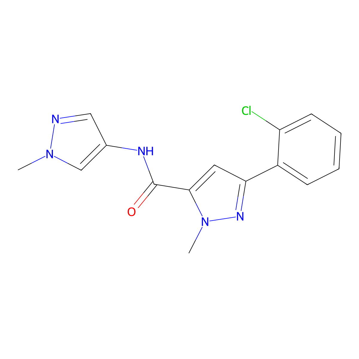 3-(2-chlorophenyl)-1-methyl-N-(1-methyl-1H-pyrazol-4-yl)-1H-pyrazole-5-carboxamide molecular structure, CAS 1374541-35-1