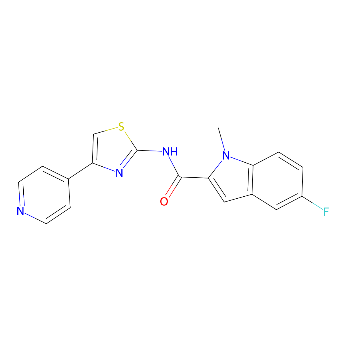 5-fluoro-1-methyl-N-(4-(pyridin-4-yl)thiazol-2-yl)-1H-indole-2-carboxamide molecular structure, CAS 1374541-96-4