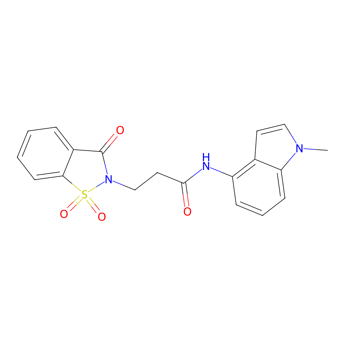 3-(1,1-dioxido-3-oxo-1,2-benzothiazol-2(3H)-yl)-N-(1-methyl-1H-indol-4-yl)propanamide molecular structure, CAS 1374542-10-5