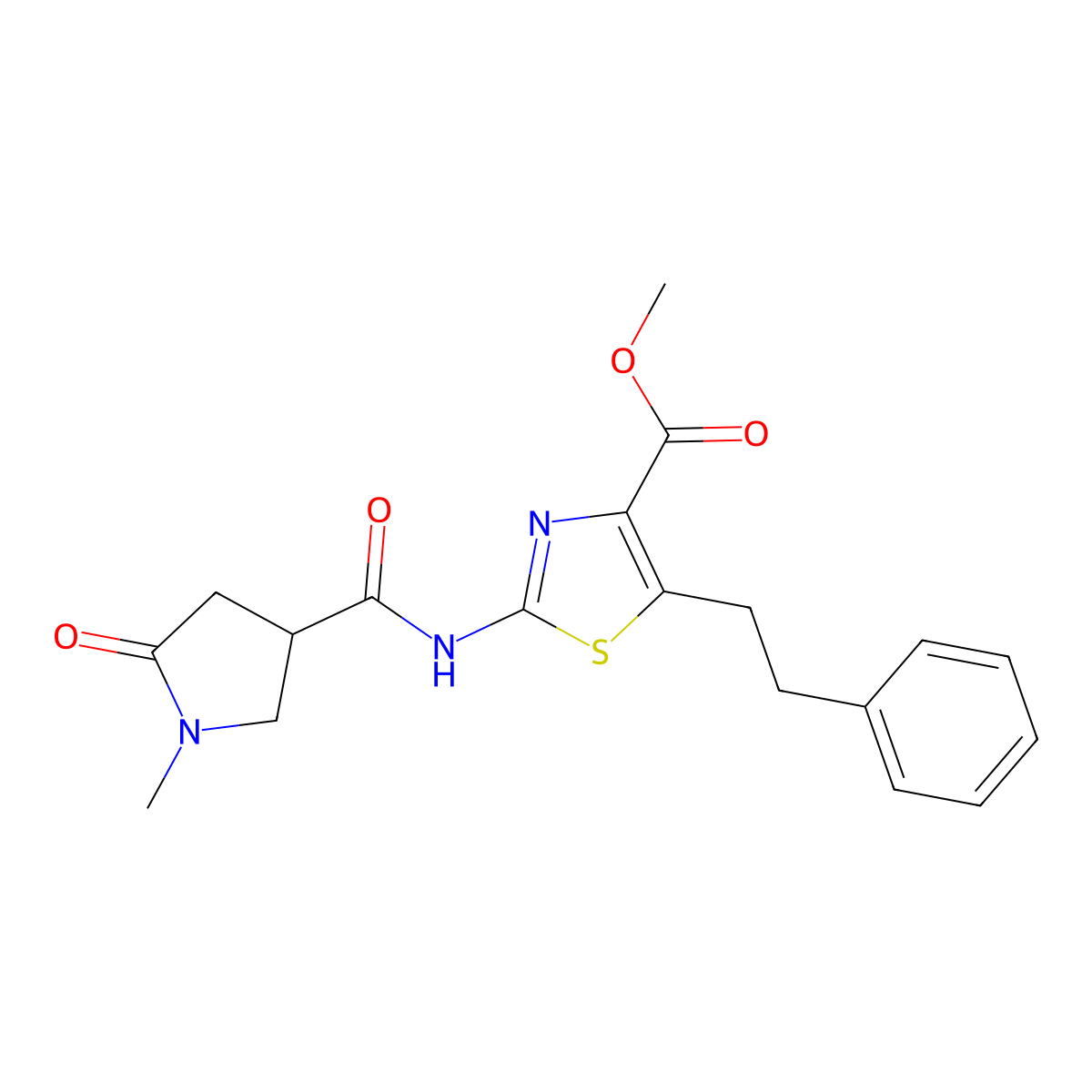 Methyl 2-{[(1-methyl-5-oxopyrrolidin-3-yl)carbonyl]amino}-5-(2-phenylethyl)-1,3-thiazole-4-carboxylate molecular structure, CAS 1374542-63-8