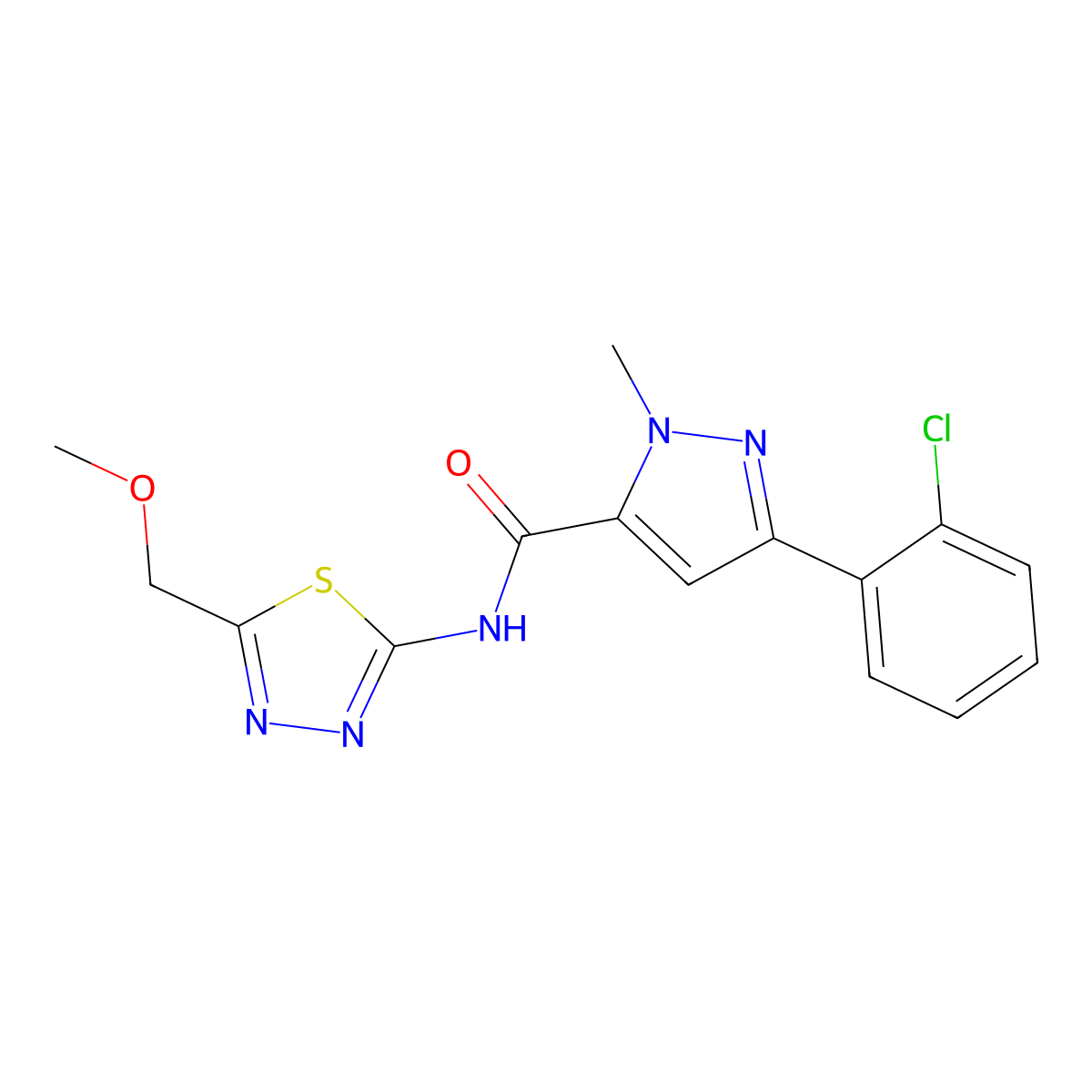 3-(2-chlorophenyl)-N-(5-(methoxymethyl)-1,3,4-thiadiazol-2-yl)-1-methyl-1H-pyrazole-5-carboxamide molecular structure, CAS 1374543-30-2