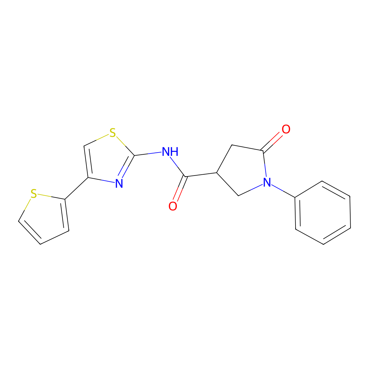 5-oxo-1-phenyl-N-[4-(thiophen-2-yl)-1,3-thiazol-2-yl]pyrrolidine-3-carboxamide molecular structure, CAS 1374543-44-8