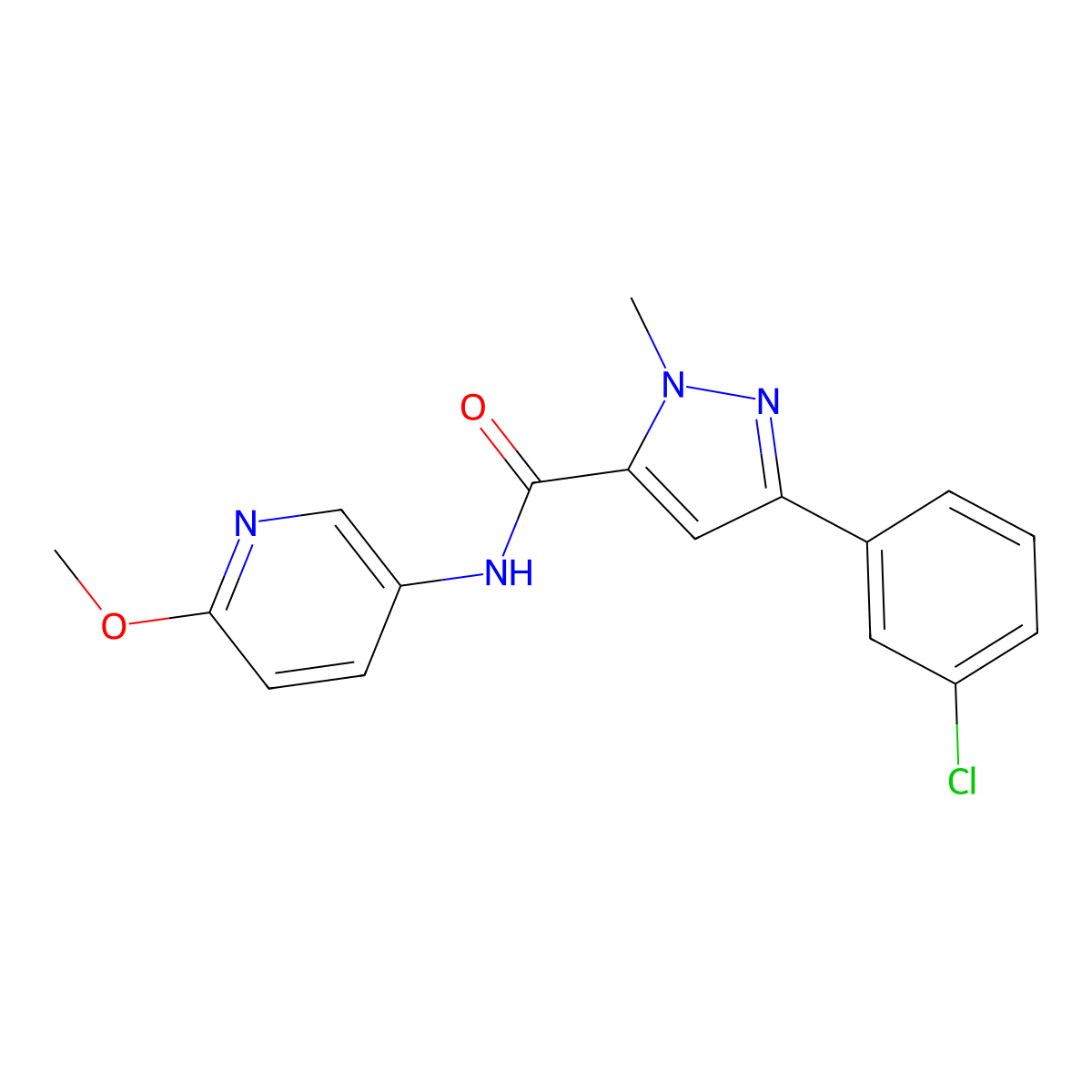 3-(3-chlorophenyl)-N-(6-methoxypyridin-3-yl)-1-methyl-1H-pyrazole-5-carboxamide molecular structure, CAS 1374544-18-9