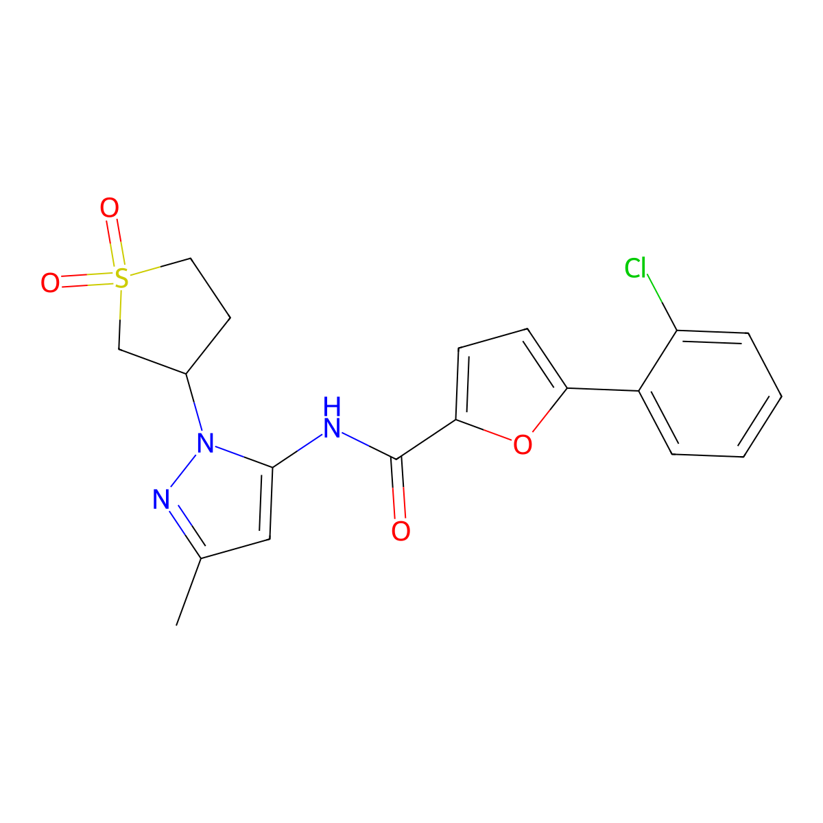 5-(2-chlorophenyl)-N-[1-(1,1-dioxidotetrahydrothiophen-3-yl)-3-methyl-1H-pyrazol-5-yl]furan-2-carboxamide molecular structure, CAS 1374544-21-4