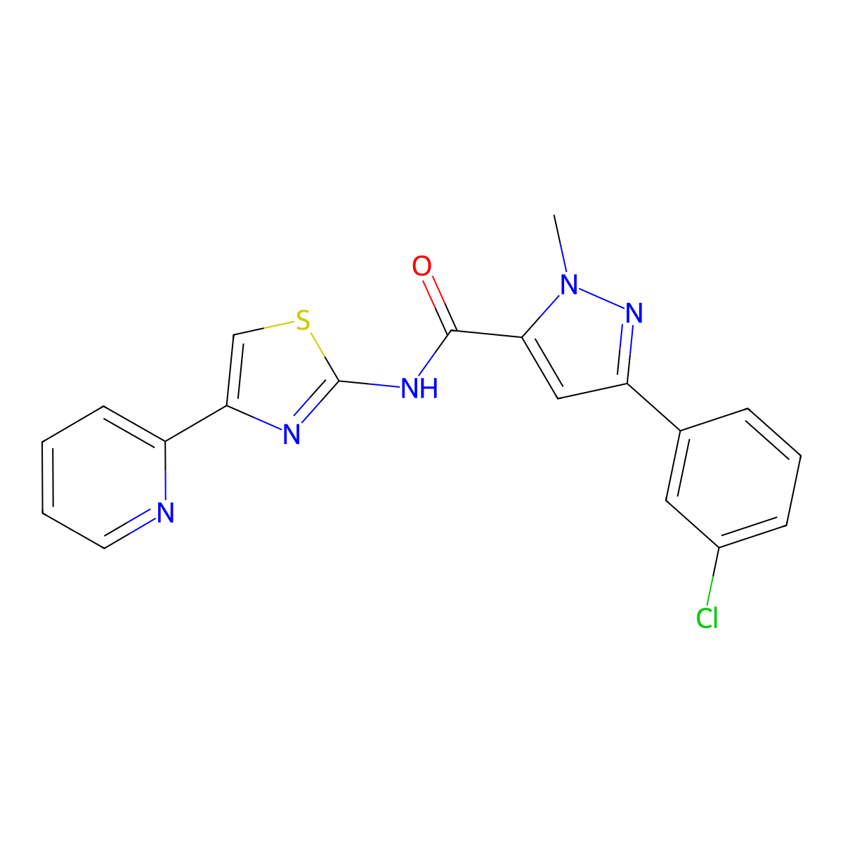 3-(3-chlorophenyl)-1-methyl-N-[4-(pyridin-2-yl)-1,3-thiazol-2-yl]-1H-pyrazole-5-carboxamide molecular structure, CAS 1374544-57-6