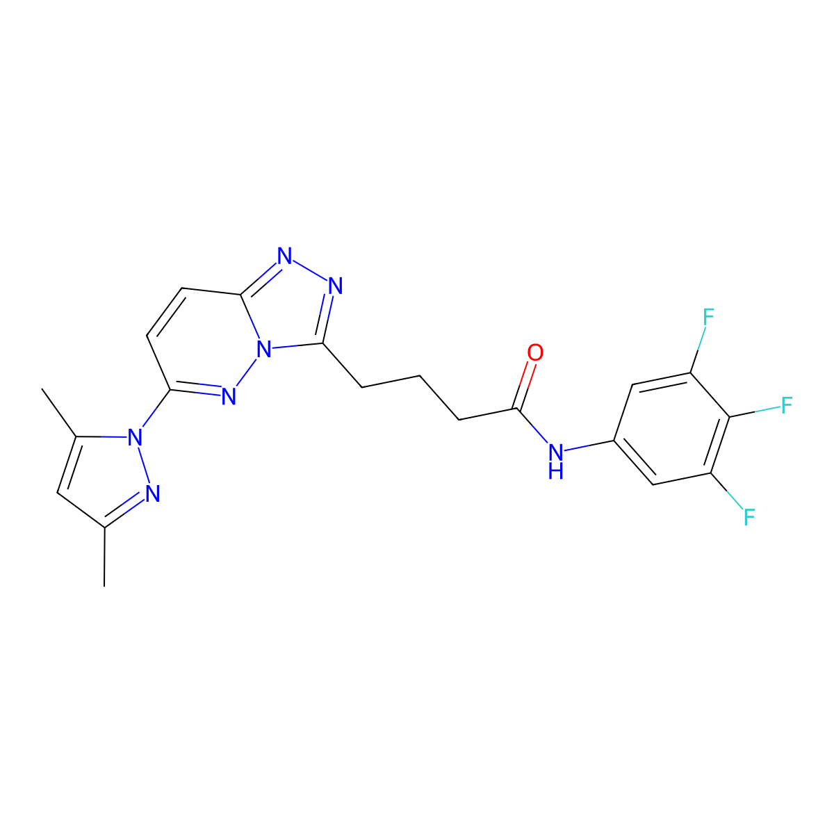 4-(6-(3,5-dimethyl-1H-pyrazol-1-yl)-[1,2,4]triazolo[4,3-b]pyridazin-3-yl)-N-(3,4,5-trifluorophenyl)butanamide molecular structure, CAS 1374544-70-3