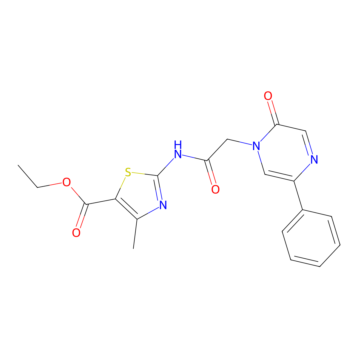 ethyl 4-methyl-2-{[(2-oxo-5-phenylpyrazin-1(2H)-yl)acetyl]amino}-1,3-thiazole-5-carboxylate molecular structure, CAS 1374544-71-4