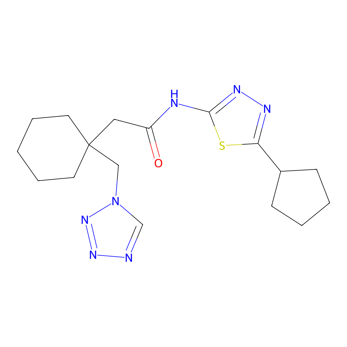2-(1-((1H-tetrazol-1-yl)methyl)cyclohexyl)-N-(5-cyclopentyl-1,3,4-thiadiazol-2-yl)acetamide molecular structure, CAS 1374544-76-9