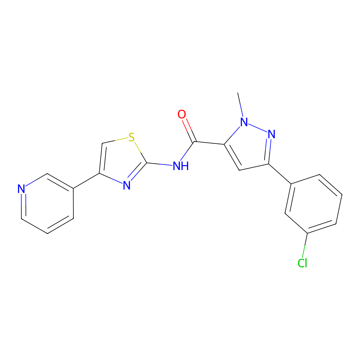 3-(3-chlorophenyl)-1-methyl-N-[4-(pyridin-3-yl)-1,3-thiazol-2-yl]-1H-pyrazole-5-carboxamide molecular structure, CAS 1374545-08-0