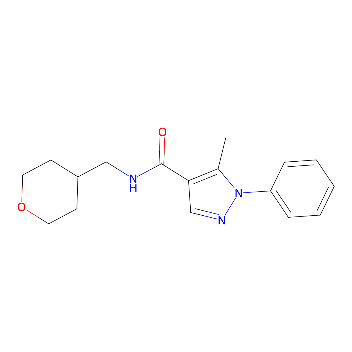 5-methyl-1-phenyl-N-(tetrahydro-2H-pyran-4-ylmethyl)-1H-pyrazole-4-carboxamide molecular structure, CAS 1374545-16-0