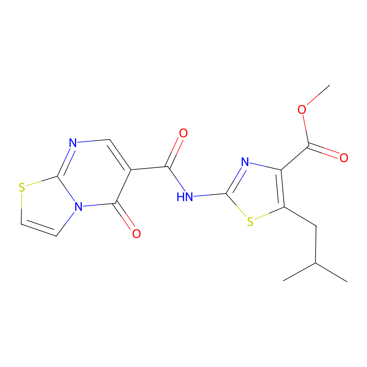 methyl 5-(2-methylpropyl)-2-{[(5-oxo-5H-[1,3]thiazolo[3,2-a]pyrimidin-6-yl)carbonyl]amino}-1,3-thiazole-4-carboxylate molecular structure, CAS 1374545-20-6