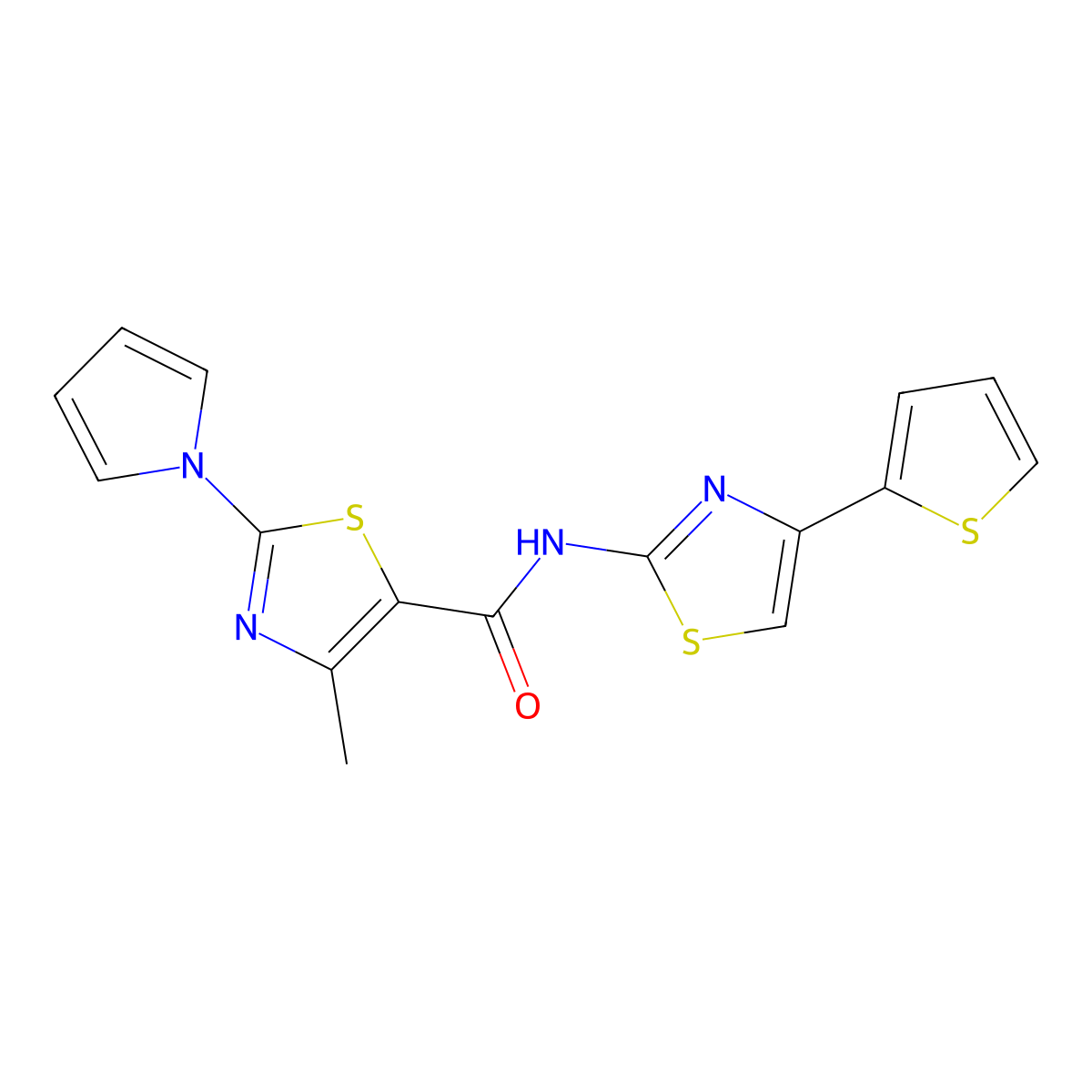 4-methyl-2-(1H-pyrrol-1-yl)-N-[4-(thiophen-2-yl)-1,3-thiazol-2-yl]-1,3-thiazole-5-carboxamide molecular structure, CAS 1374545-31-9