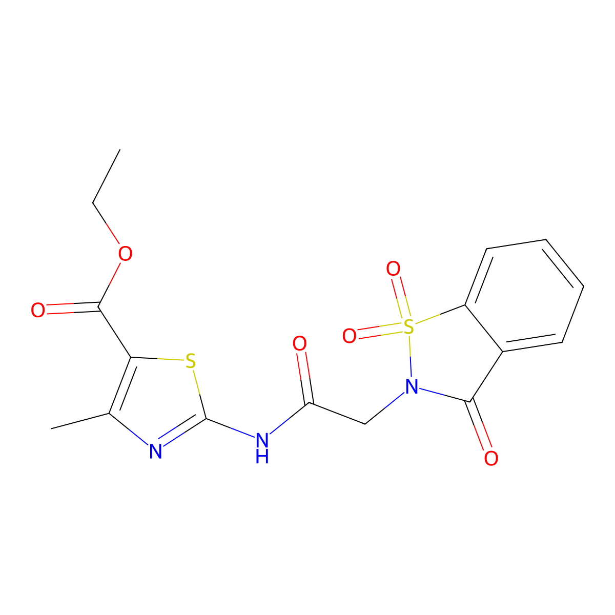 ethyl 2-{[(1,1-dioxido-3-oxo-1,2-benzothiazol-2(3H)-yl)acetyl]amino}-4-methyl-1,3-thiazole-5-carboxylate molecular structure, CAS 1374546-19-6