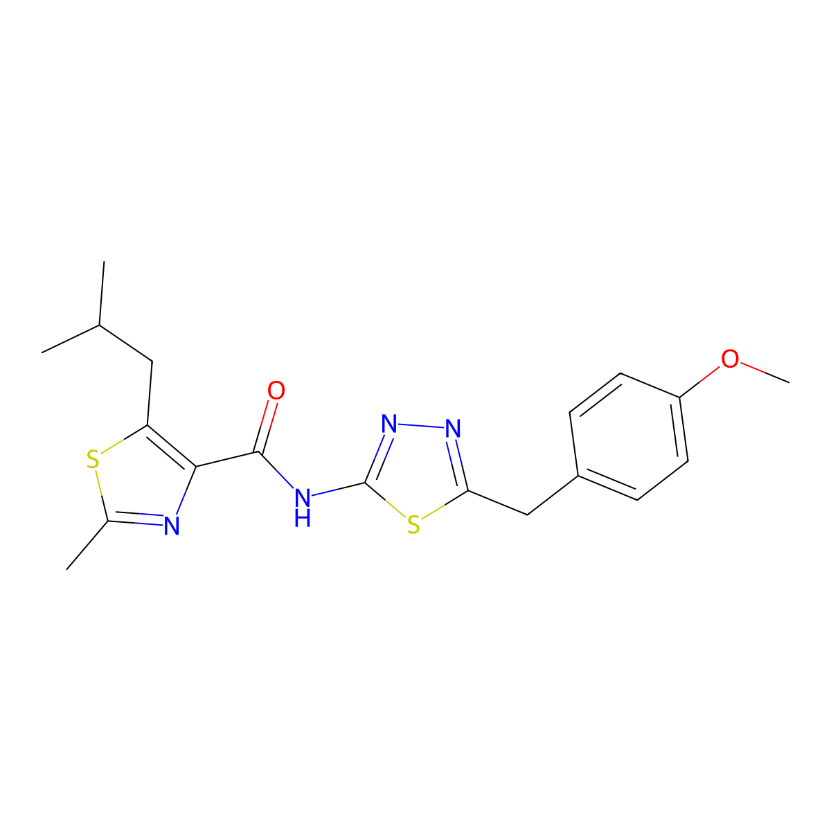5-isobutyl-N-(5-(4-methoxybenzyl)-1,3,4-thiadiazol-2-yl)-2-methylthiazole-4-carboxamide molecular structure, CAS 1374546-56-1